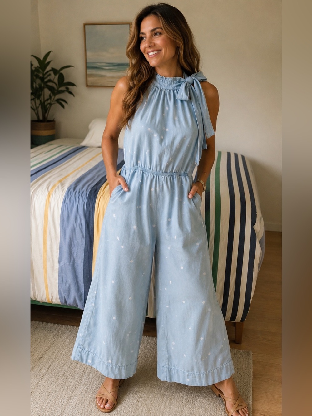 cloth & stone Light Blue Sleeveless Tie-Shoulder Wide-Leg Jumpsuit